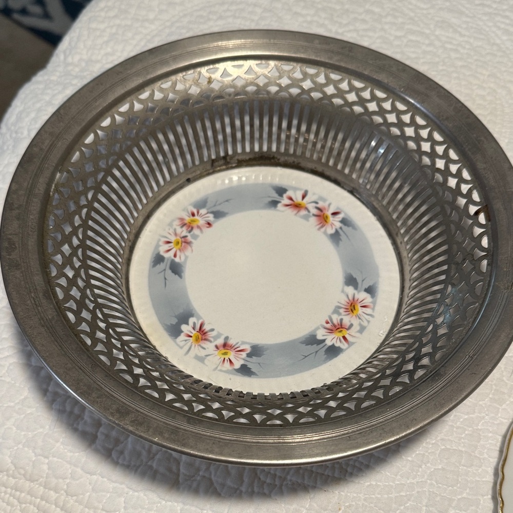 19th. Century Earthenware and Metal Bread Basket  9.5 x 2.5 inches